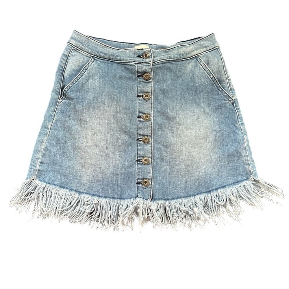 Sneak Peek Denim‎ Mini Skirt Light Blue Button Front Fringe Hem Size S